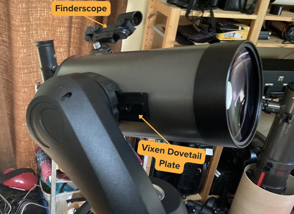 127SLT optical tube's right side and the finderscope marked