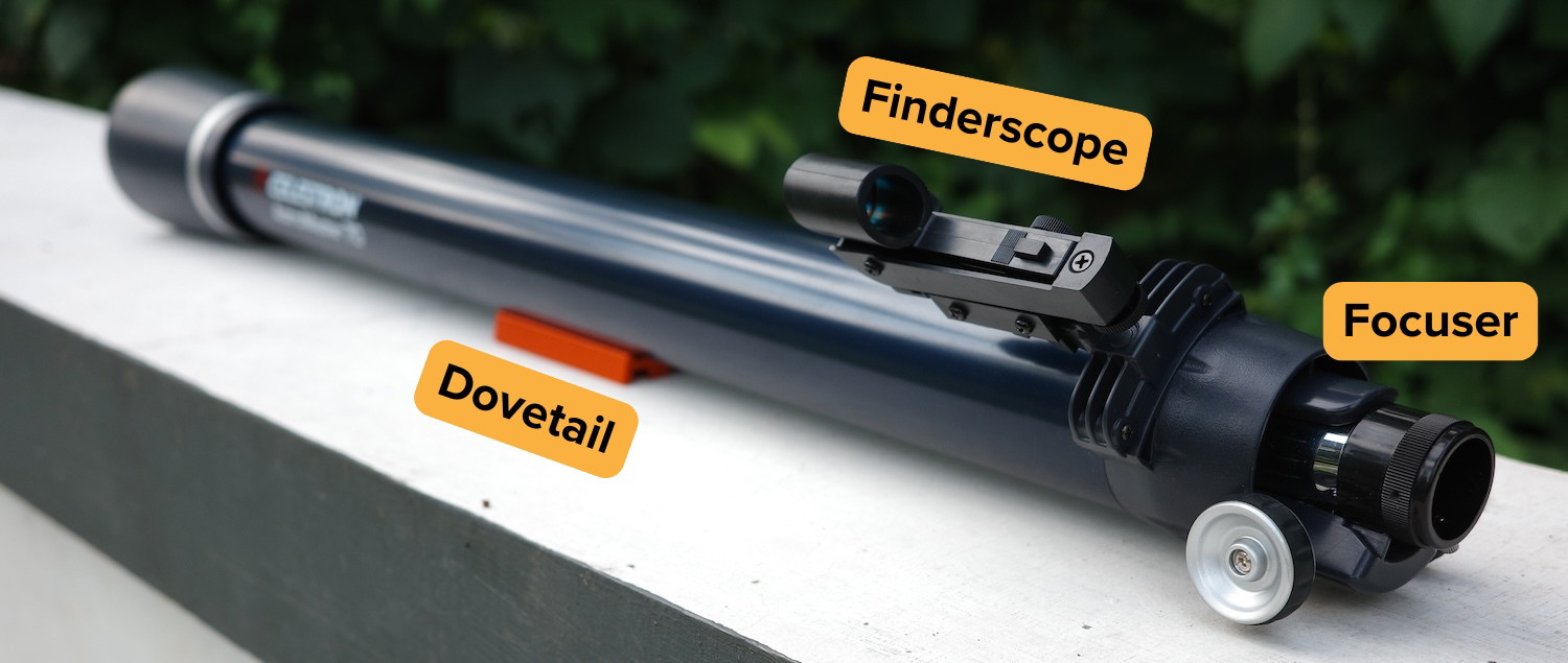 astromaster 70az optical tube with finderscope and focuser marked