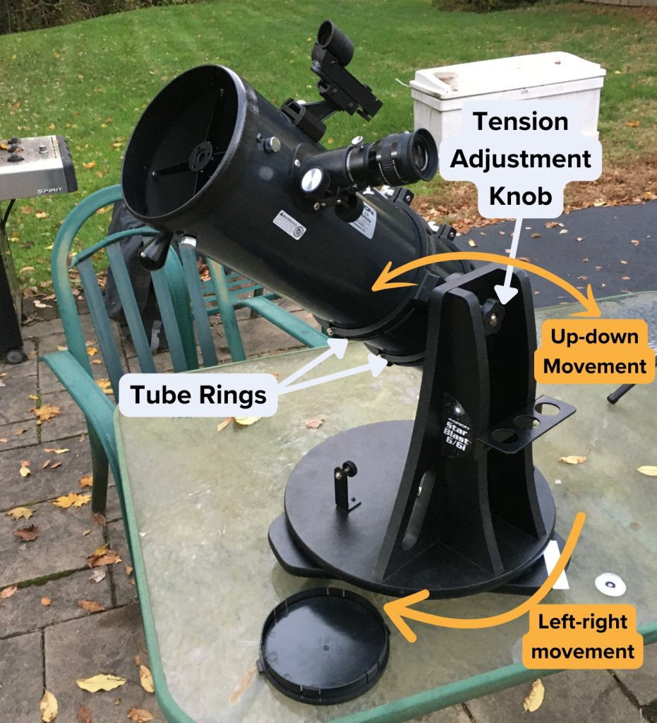Dobsonian mount, its movement and its knobs and rings
