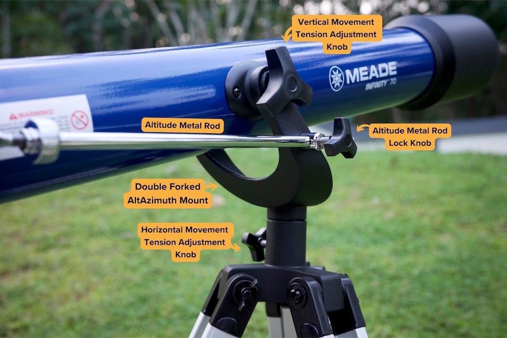 Meade Infinity 70AZ's mount with the altitude azimuth movement facilities marked