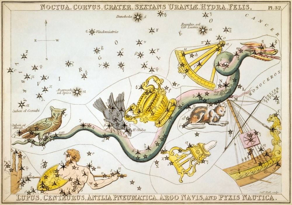 This star chart from 1825 shows several constellations that no longer exist. For example, Noctua the Owl is clearly visible to the left while Felis the Cat is over to the right.