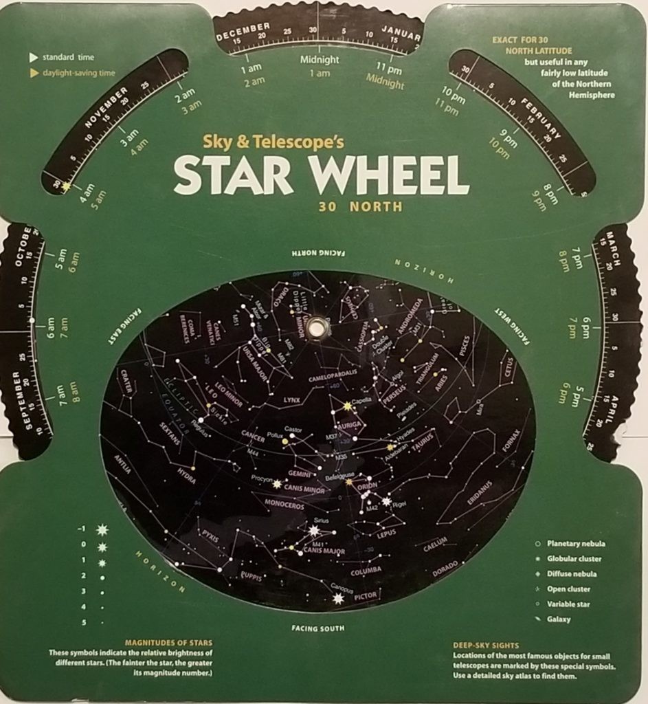 This planisphere, produced by Sky & Telescope magazine, allows you to "dial up" the night sky for any time on any date. 
