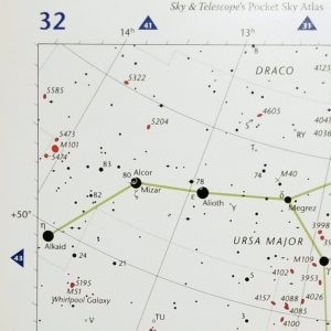 A close-up view of page 32 of Sky & Telescope's Pocket Sky Atlas, showing the location of the Whirlpool Galaxy