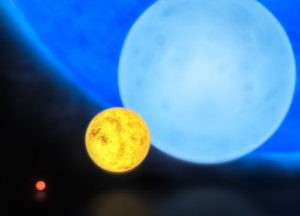 A size comparison of a red dwarf (lower left), the Sun (center), a blue dwarf (right) and R136a1 (background)