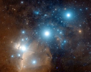The three stars of Orion's belt. From left to right, Alnitak, Alnilam and Mintaka