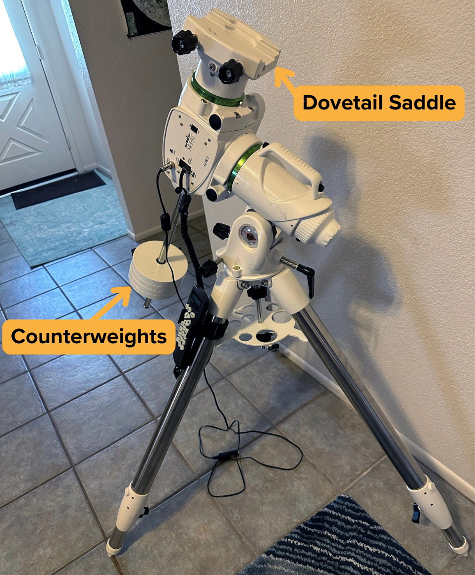 Dovetail saddle and counterweights marked on an EQ6R