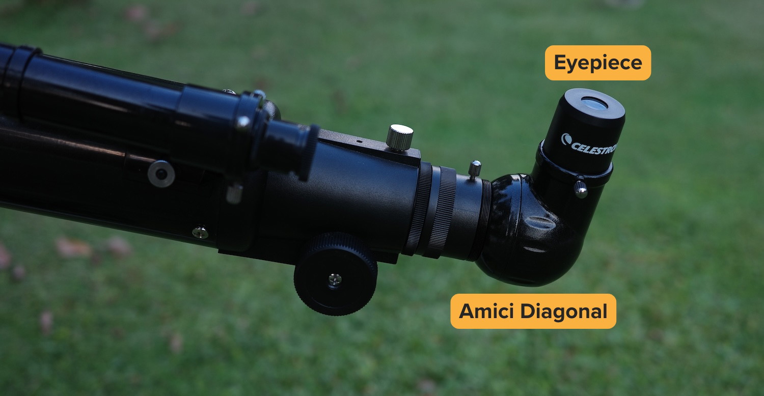 The tail end of the OTA with star diagonal and eyepiece attached