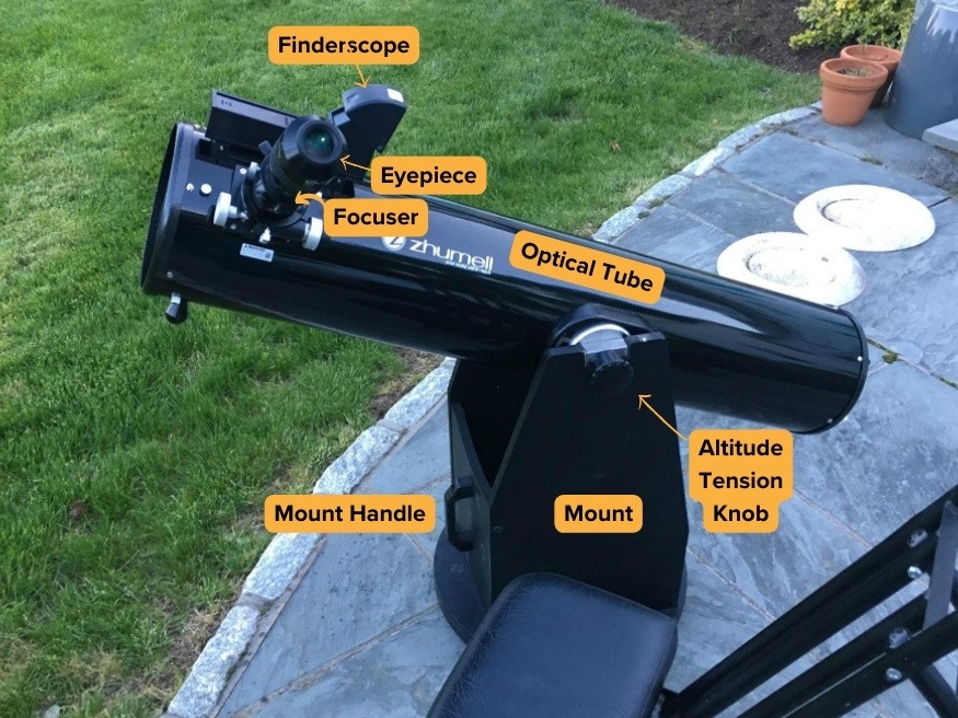 Zhumell Z8 dobsonian with an observation charr adjacent to it. All of the major Z8 parts are labeled