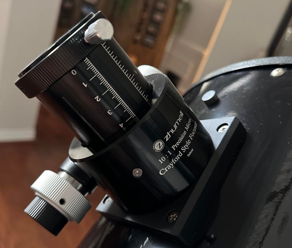 Close up of Z12's crayford style focuser and the 10:1 precision focus