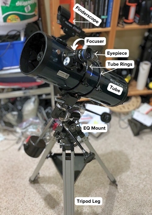 Orion StarBlast II 4.5 EQ with some major parts including OTA, mount, focuser e.t.c labeled