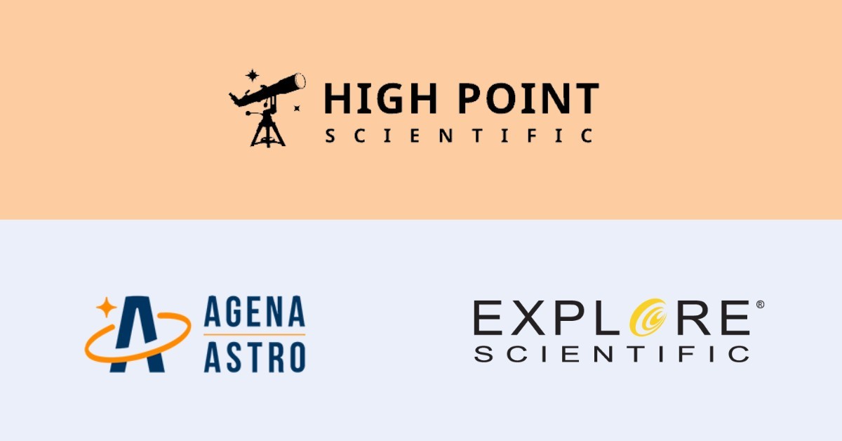 Best telescope retailers logos; High Point Scientific, Agena Astro, Explore Scientific