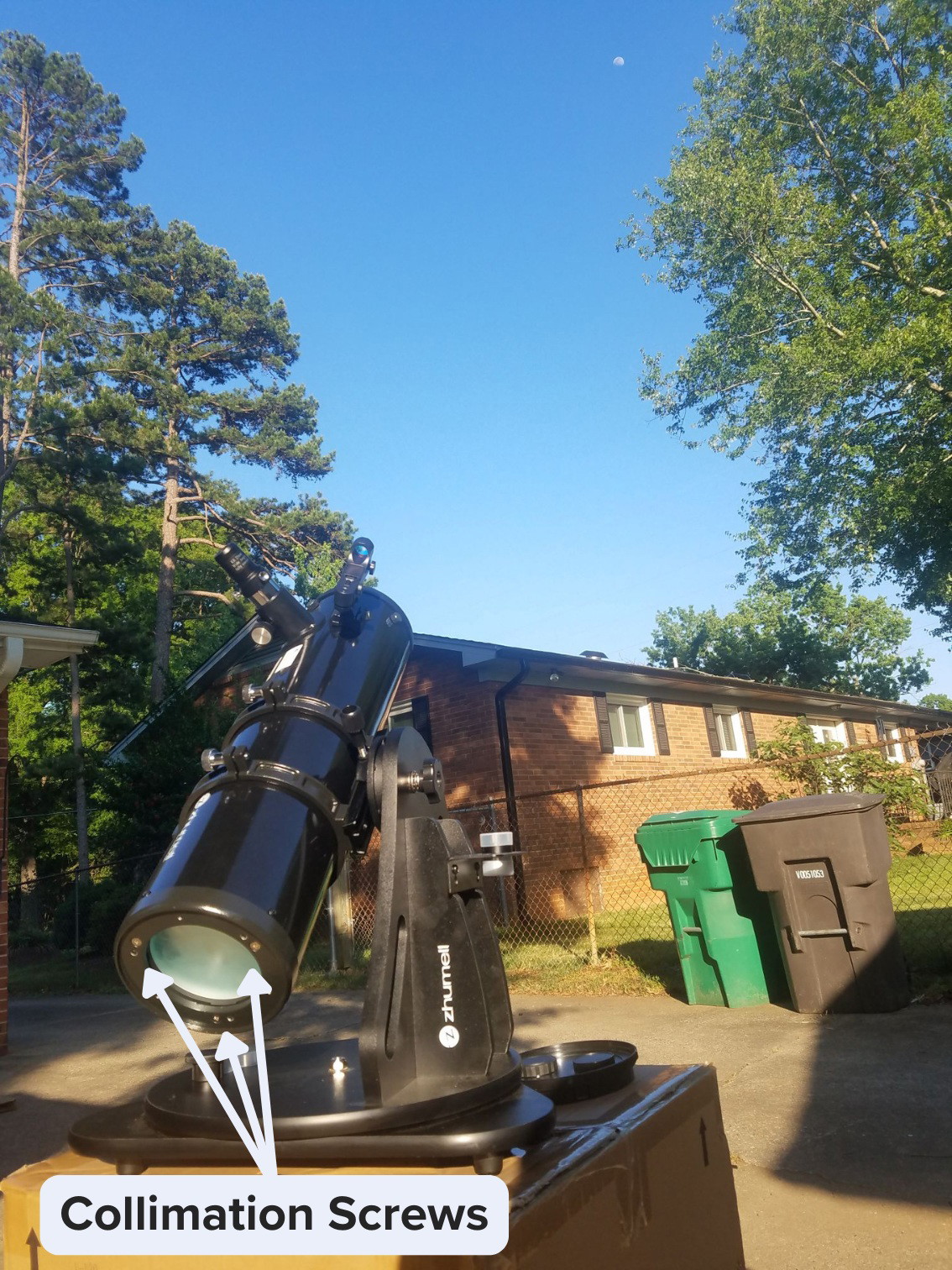 Z130 targeted at the moon, with its metal plates on the backside removed showcasing collimation screws.