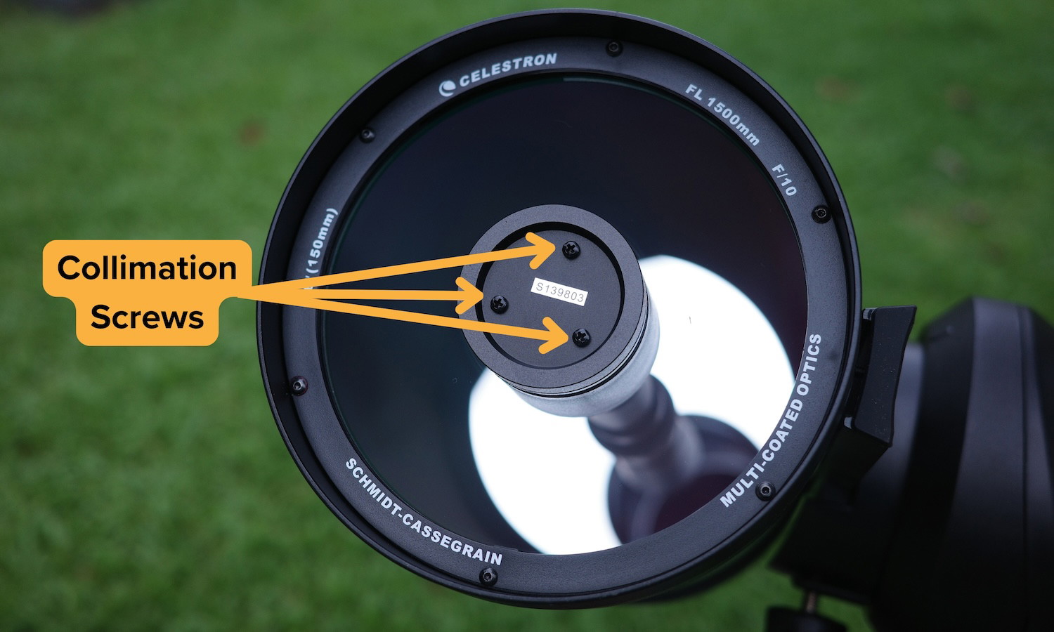 secondary mirror housing, collimation screws and primary mirror of Celestron NexStar Evolution 6