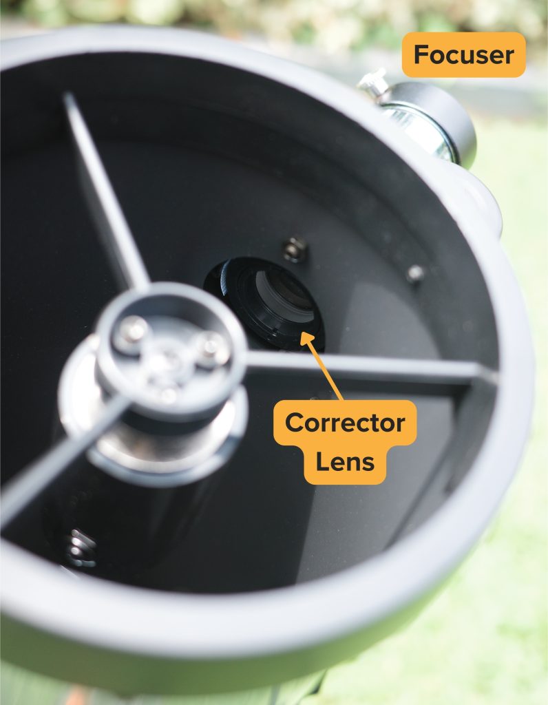 Optical tube and the corrector placement on the focuser drawtube of a Bird-Jones telescope