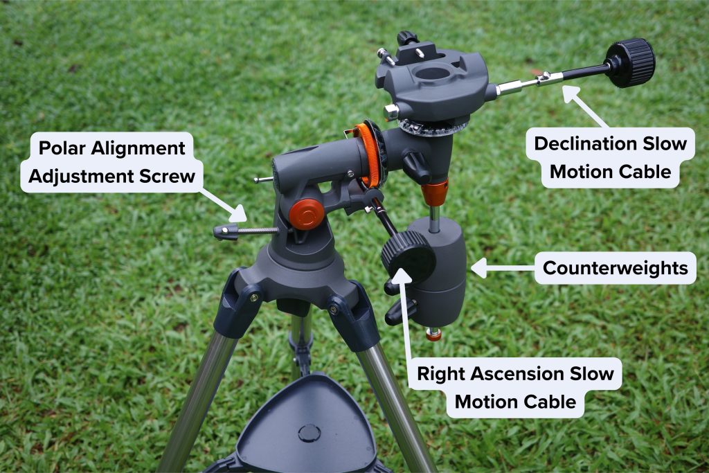 Equatorial mount's slow motion cables and adjustment knobs