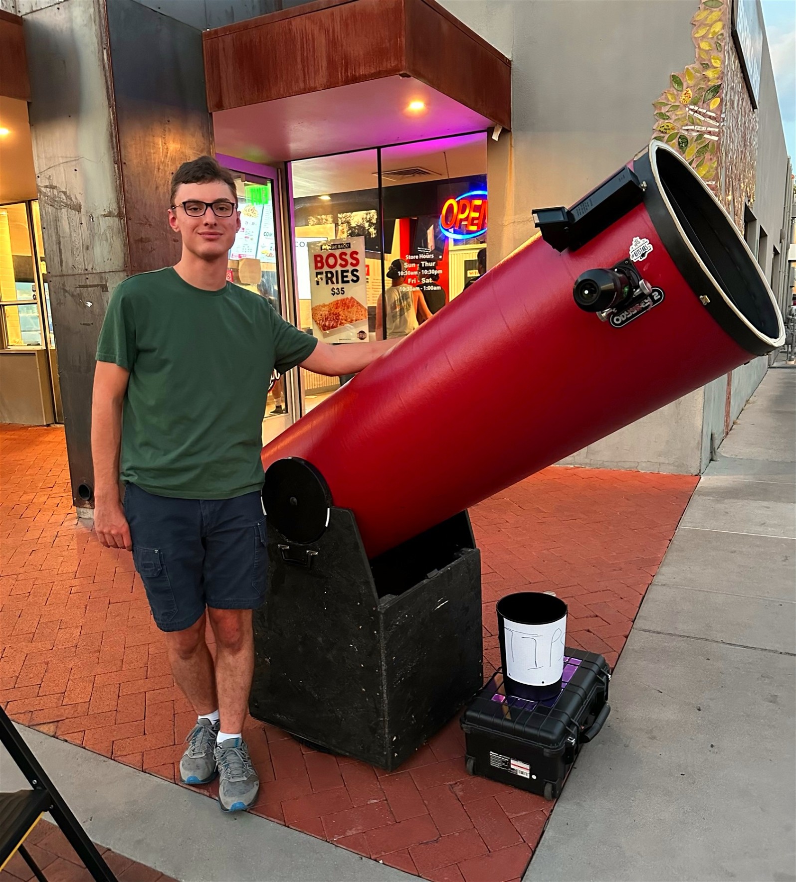 Zane Landers with his latest made dobsonian telescope