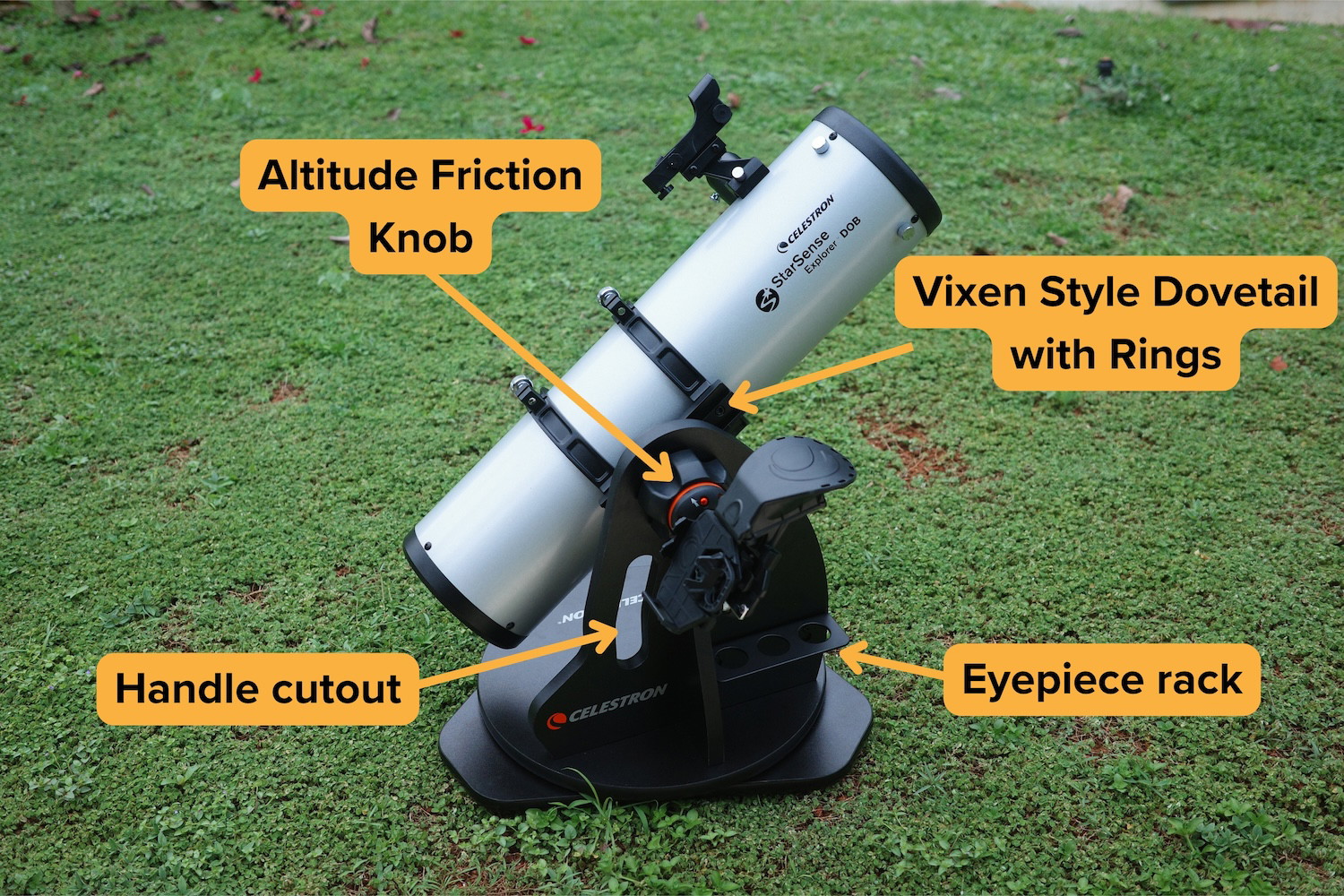 The tabletop dobsonian base's features and parts