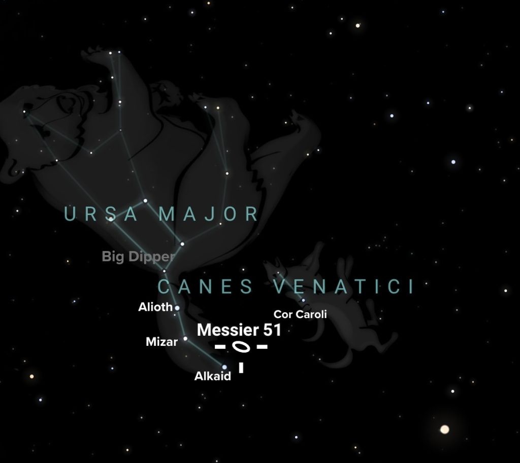 M51 location between Ursa Major and Canes Venatici Constellations