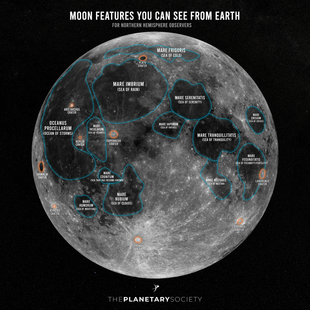 map of the major lunar surface features