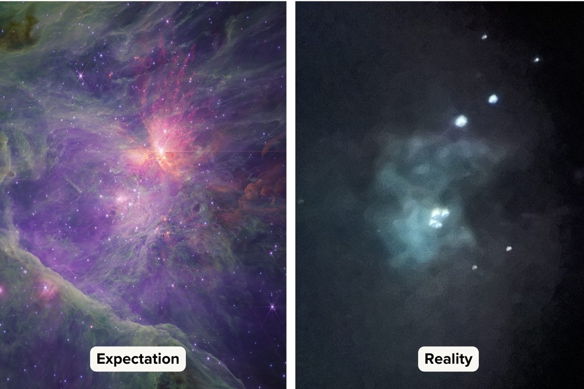A NASA/ESA/CSA James Webb Space Telescope image of Orion Nebula on one side as expectation and the image taken by Zane Landers from his 10" hybrid dobsonian telescope as reality