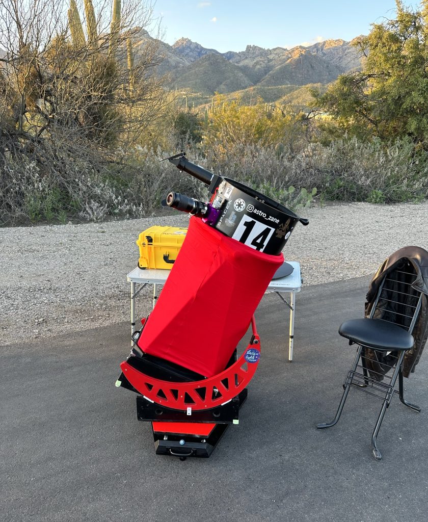 My homemade 14.7” Dobsonian sitting on a EQ platform.