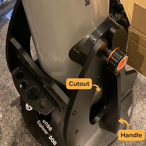 Handle and the handle cutout in Celestron StarSense Explorer 10's dobsonian mount