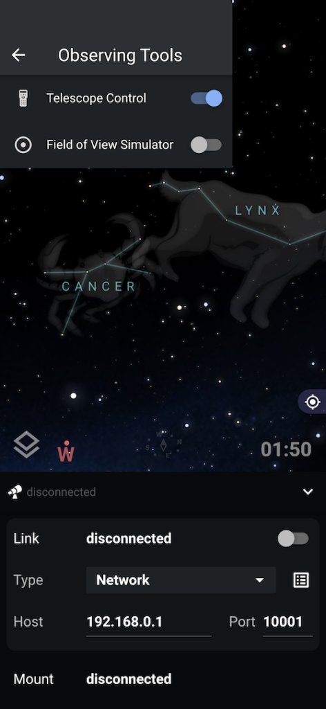 UI of Stellarium Pro iPhone app for controlling telescopes