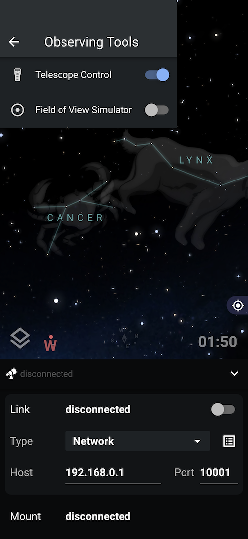 UI of Stellarium Pro iPhone app for controlling telescopes