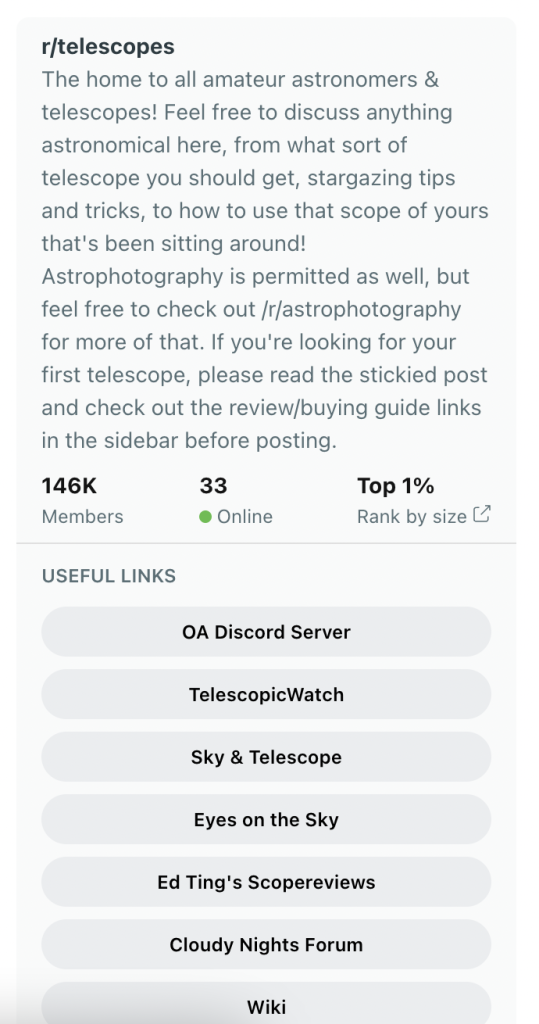 r/telescopes subReddit's sidebar with TelescopicWatch featured as "Useful Links" for telescope hobbyists. 