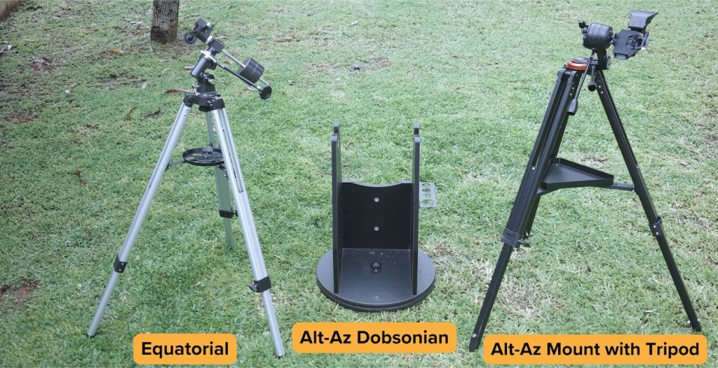 Equatorial mount, dobsonian mount, and an alt-az mount on tripod.