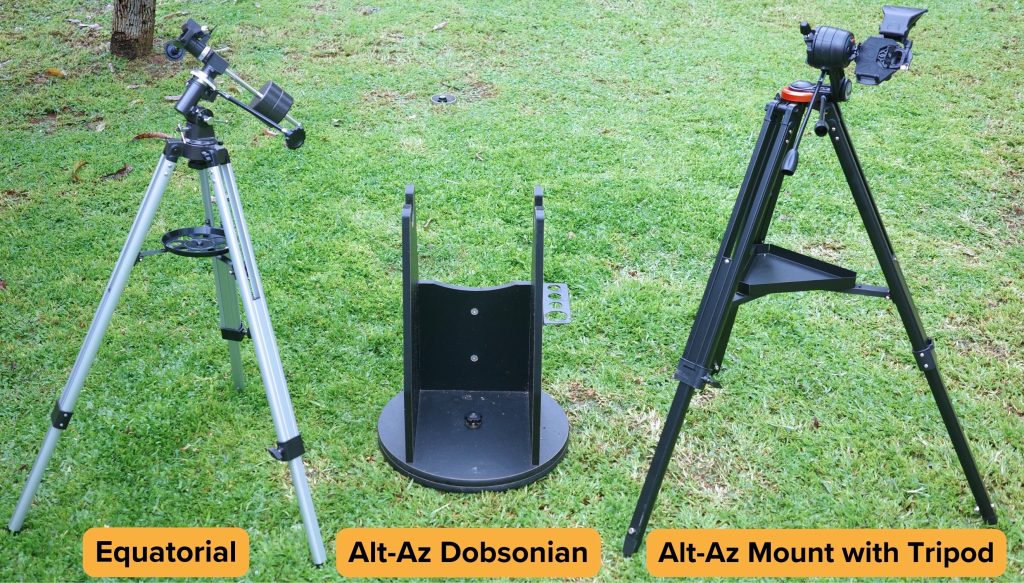 Equatorial mount, dobsonian mount, and an alt-az mount on tripod.